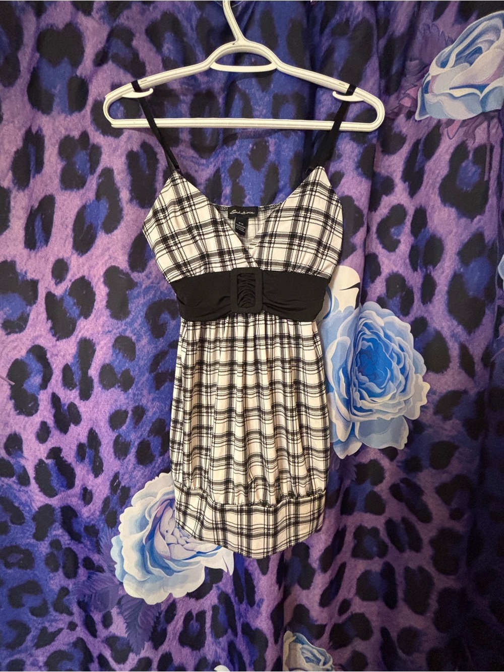 Plaid Spaghetti-Strap Babydoll Tank Top with Black Empire Band